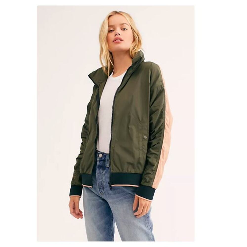 Free People Highline Colorblock Bomber Jacket  Green Pink Hideaway Hood Soft